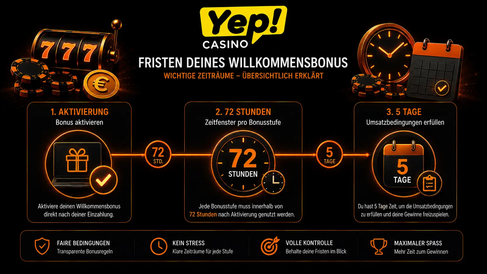 Fristen beim Yep Casino Willkommensbonus mit 72 Stunden und fünf Tagen