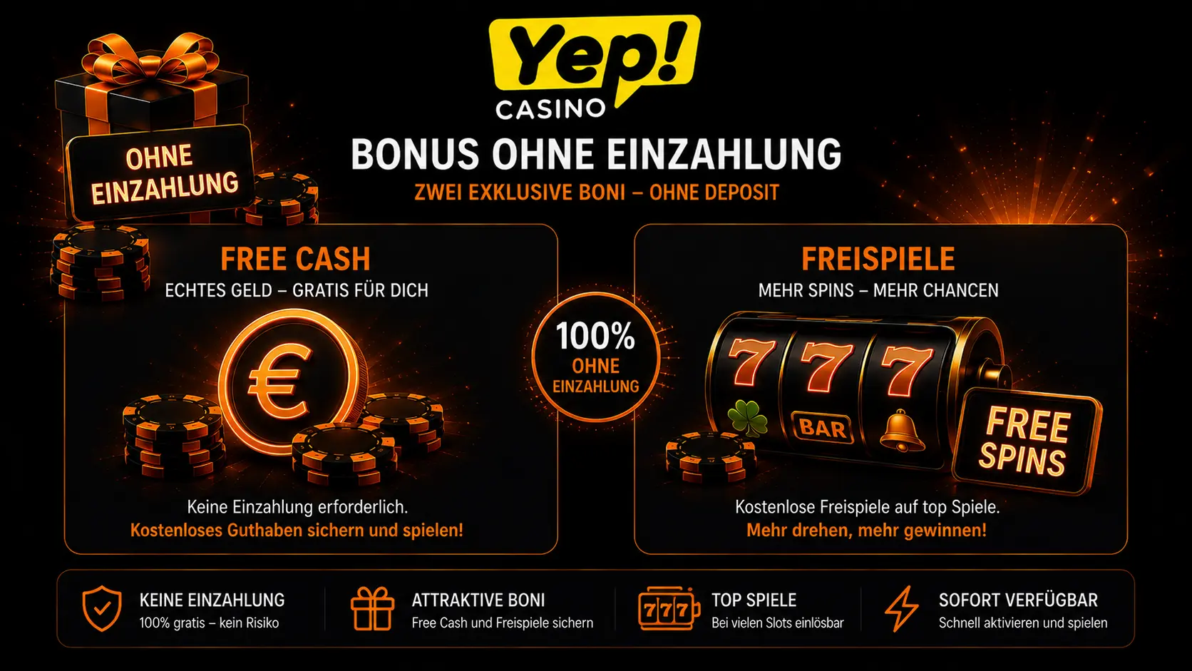 Yep Casino Bonus ohne Einzahlung mit Free Cash und Freispielen