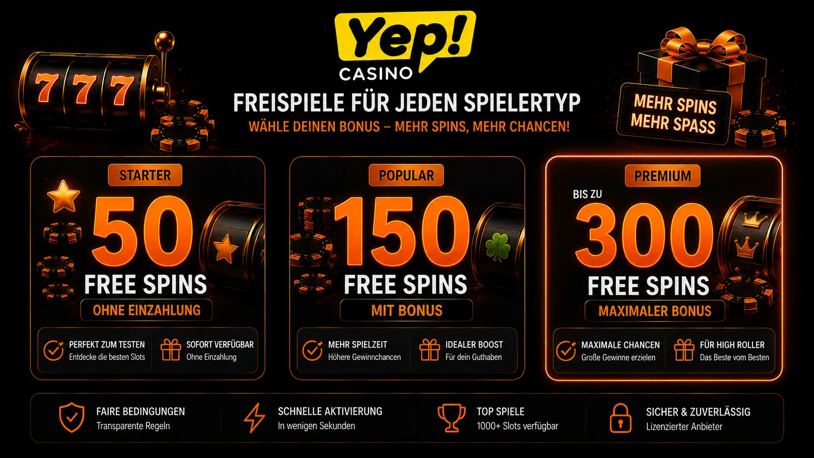 Yep Casino Freispiele mit 50, 150 und bis zu 300 Free Spins