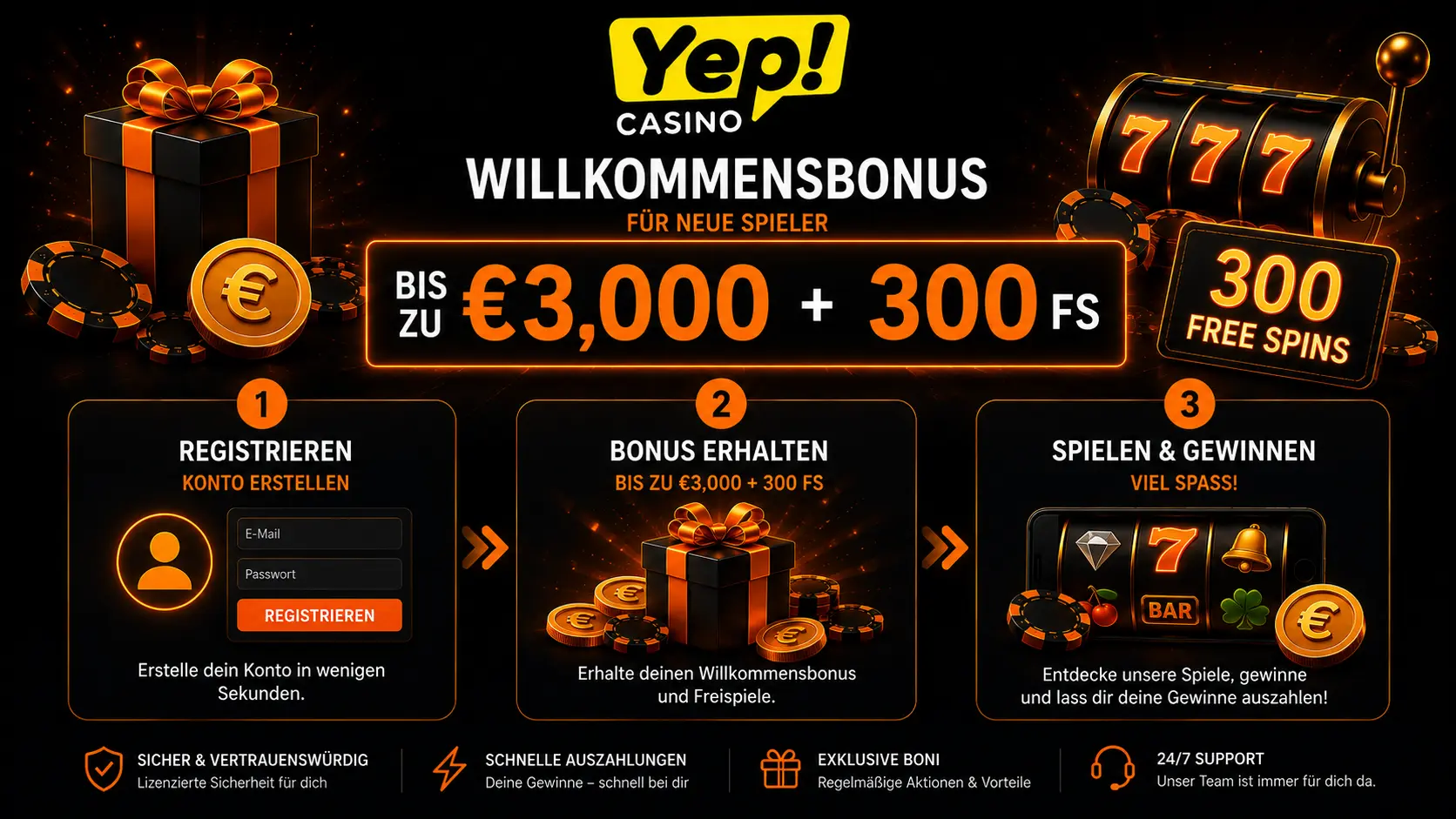 Yep Casino Willkommensbonus bis 3000 Euro und 300 Freispiele